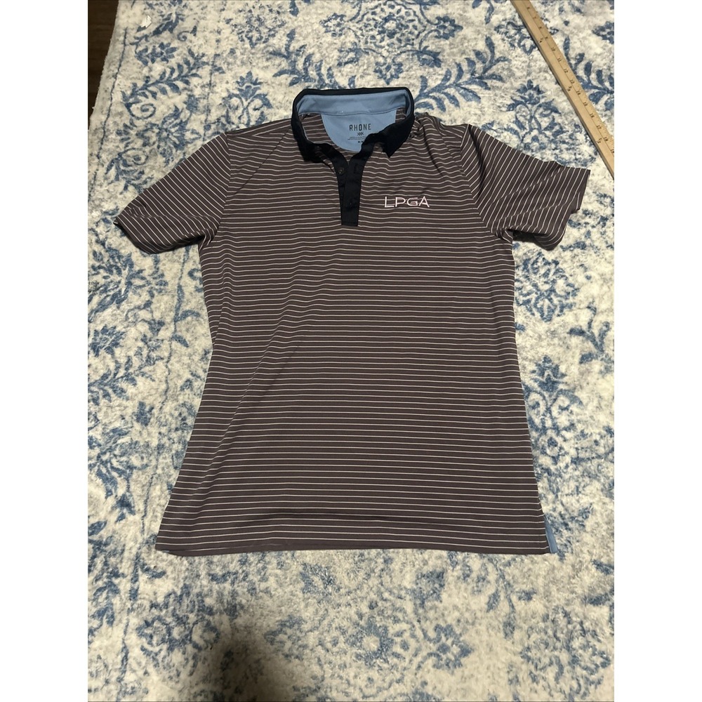 Rhone Commuter Polo Shirt Mens M Performance 2 Button Micro Stripe LPGA Logo